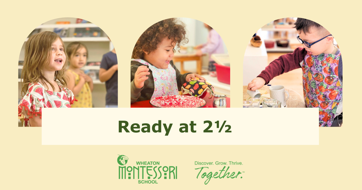 Montessori school banner with three children and text “Ready at 2½”