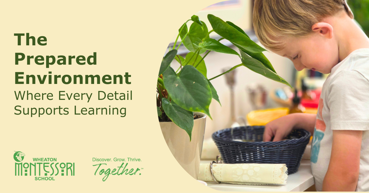 Montessori classroom poster: child caring for a plant beside text, “The Prepared Environment.”