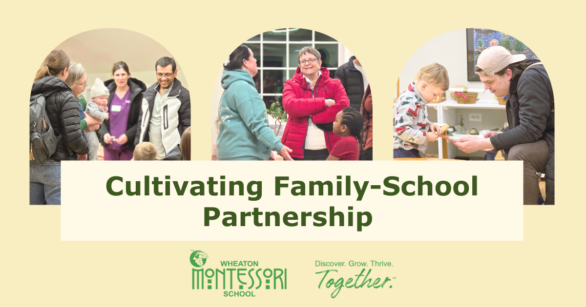 Banner reading “Cultivating Family-School Partnership” with photos of people meeting and talking together