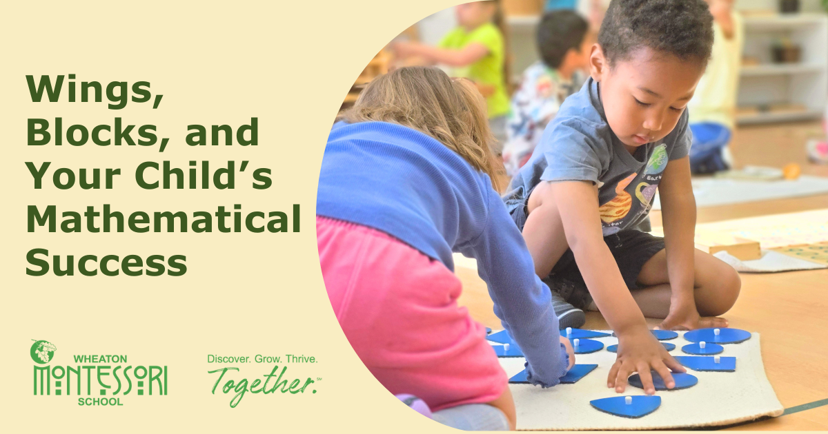 Two children build with blue blocks in a classroom; text reads “Wings, Blocks, and Your Child’s Mathematical Success.”