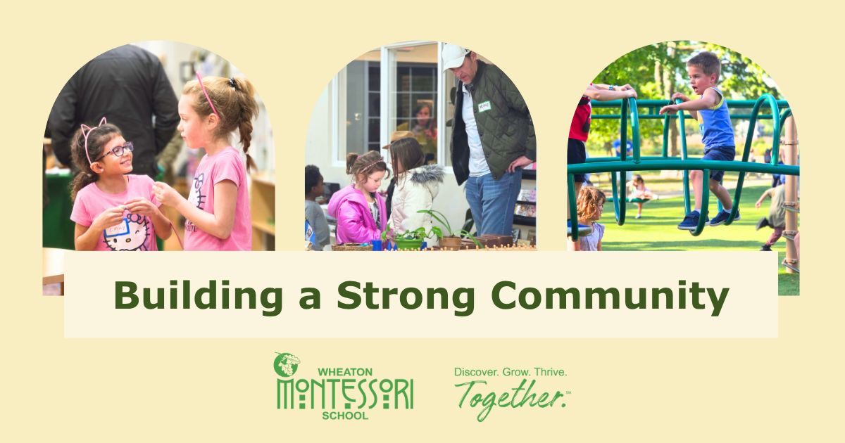 “Building a Strong Community” banner with people in outdoor activities and green logos