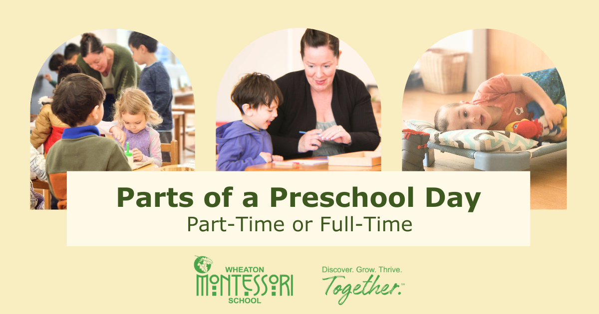 Collage of preschool children and teacher with title “Parts of a Preschool Day” on a beige background