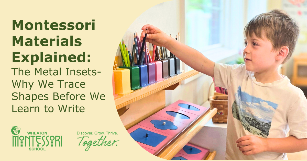 Child arranging colorful Montessori materials on a shelf with text about metal insets and learning shapes before writing