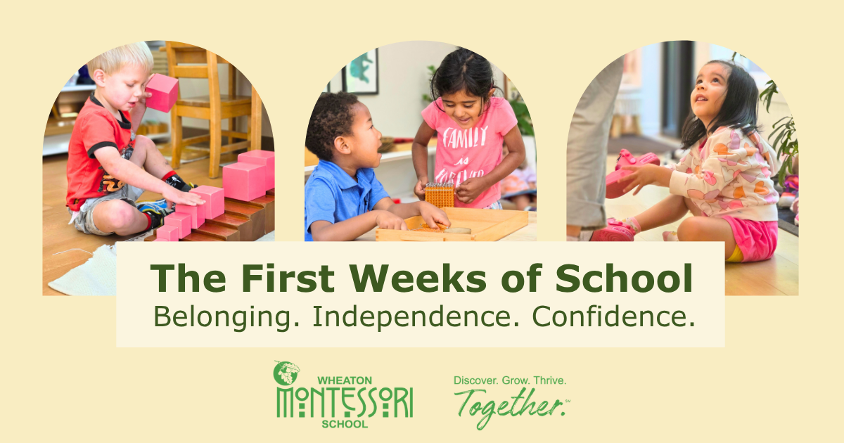 Banner with three children in classrooms and the text “The First Weeks of School: Belonging. Independence. Confidence.”