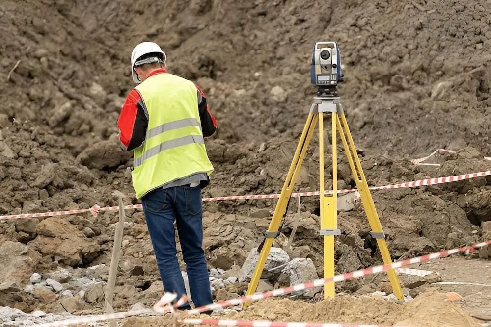 Surveyor in Safety Vest Beside Tripod-mounted Measuring Instrument — Coastal Surveying Group Pty Ltd In Baringa, QLD