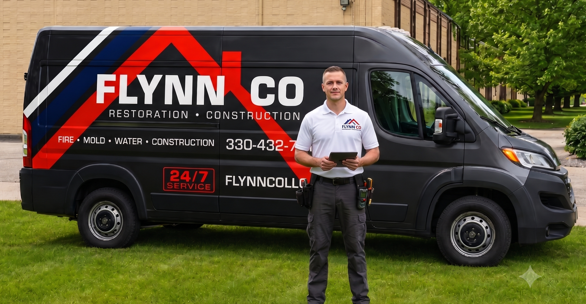 Flynn & Co. restoration technician and company van serving Parma, Ohio