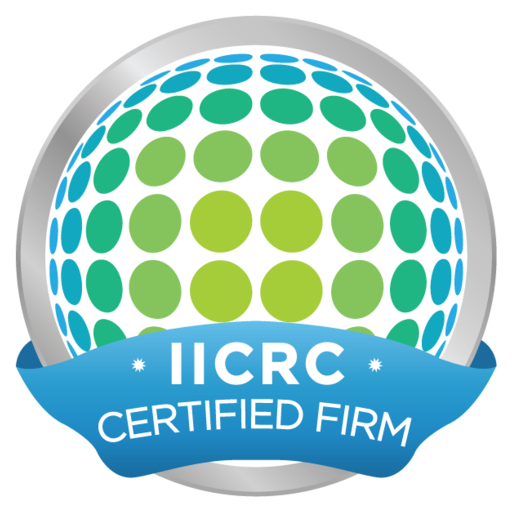 IICRC Certified Firm logo with blue banner and green-blue dotted globe emblem