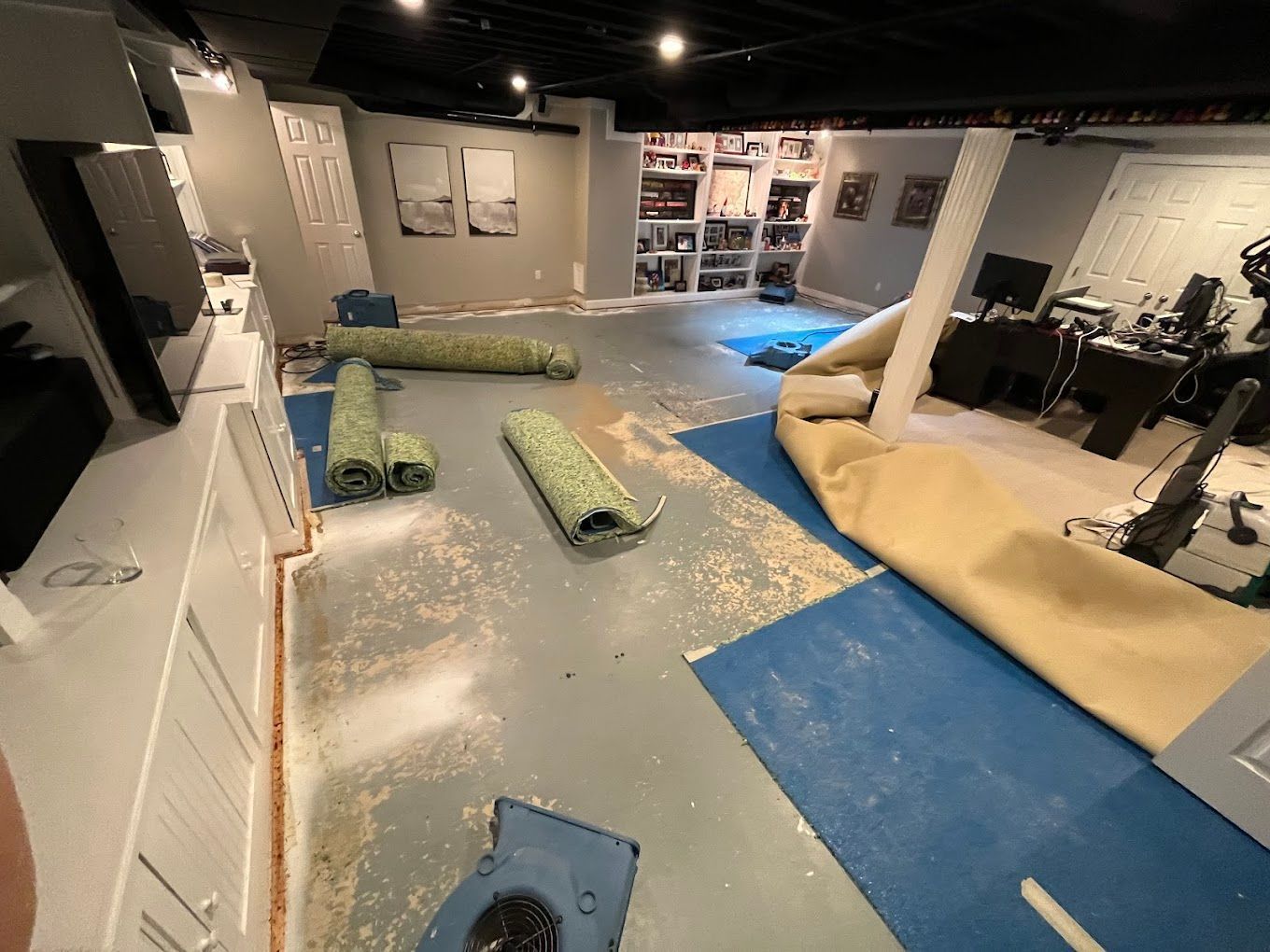 Indoor room with rolled-up carpet, tools, and blue floor coverings, suggesting ongoing renovation