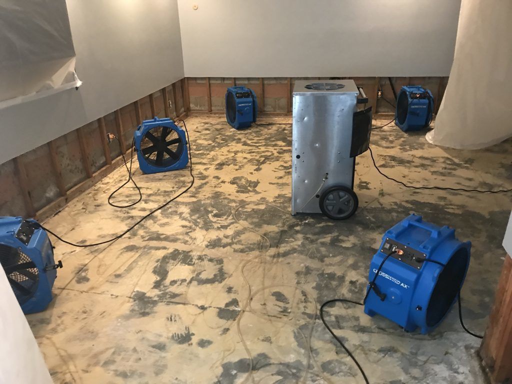 Basement room with several blue fans and a dehumidifier drying a tarp-covered floor