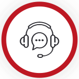 Headset support icon in black and white inside a red circle