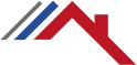 Stylized red, blue, and gray roofline logo forming a house shape