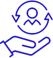 Blue line icon of a hand holding a person with a magnifying glass above it