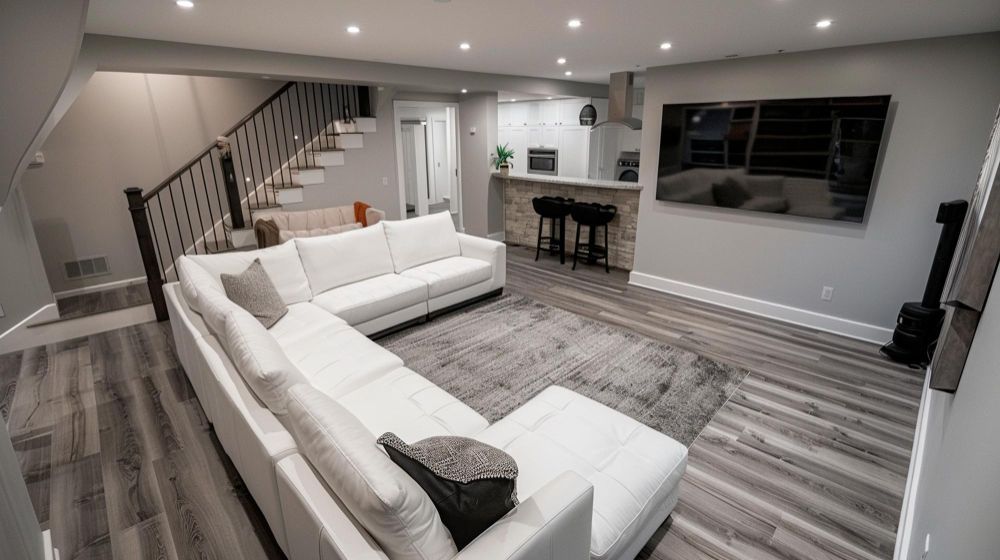 Spacious living room with white sectional sofa, large TV, staircase, and gray wood flooring