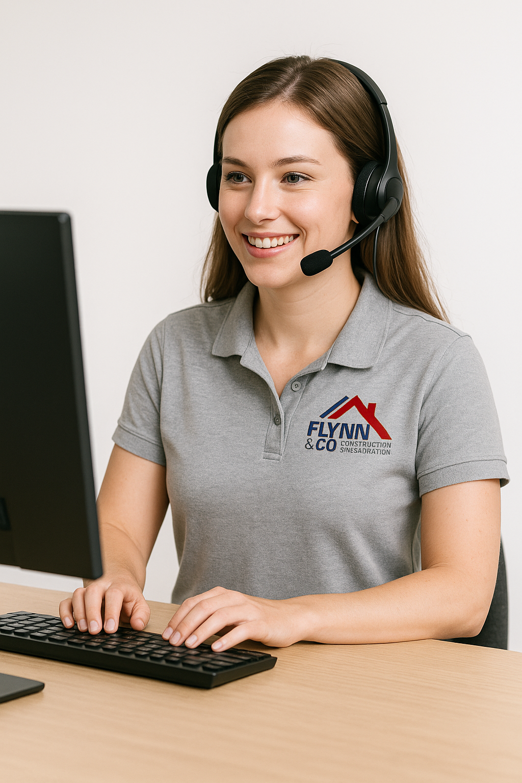 Customer service agent wearing a headset, smiling at a desk with a computer and keyboard.