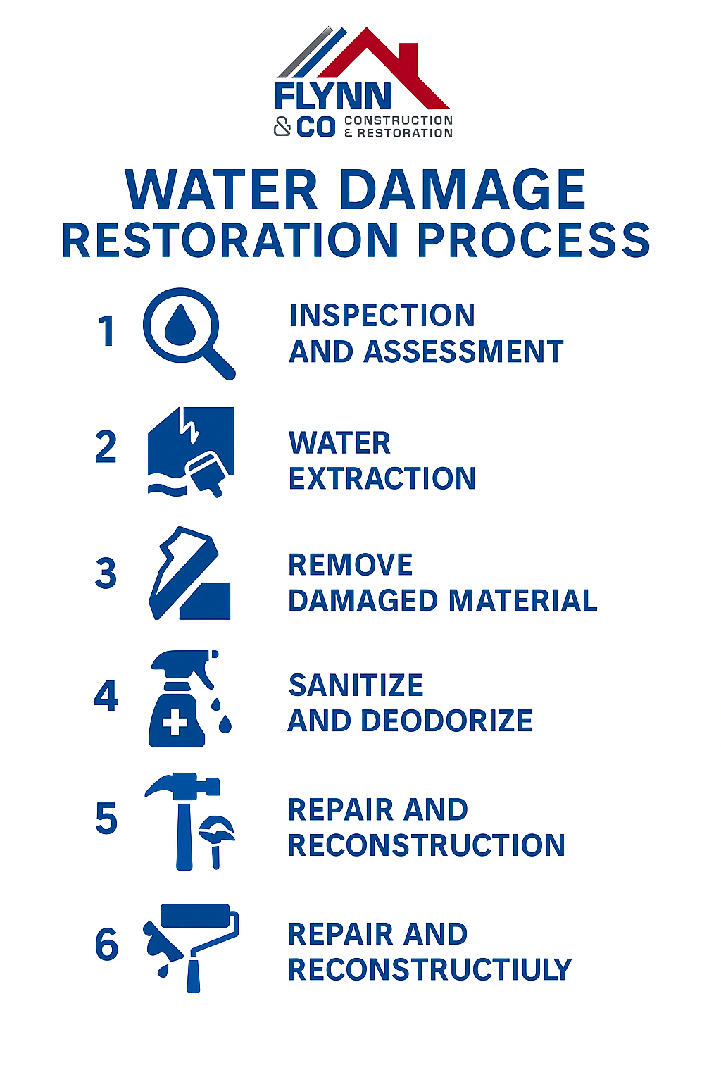 Flynn water damage restoration process infographic with six blue steps and icons