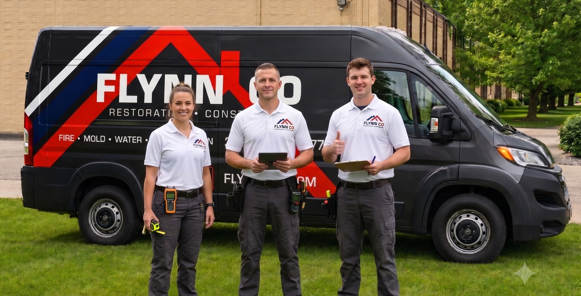 Flynn & Co. restoration technicians and company van serving Westlake, Ohio