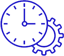 Blue line icon of a clock overlapping a gear, suggesting time settings or scheduling.