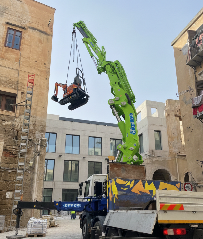 Una gru blu solleva detriti dalla facciata di un edificio in una strada stretta. Sono presenti anche un'impalcatura, un tubo giallo e un camion.