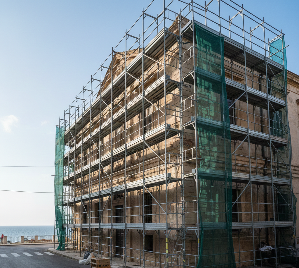 Edificio sotto impalcature, forse una chiesa, vicino al mare. Una rete verde copre le impalcature.
