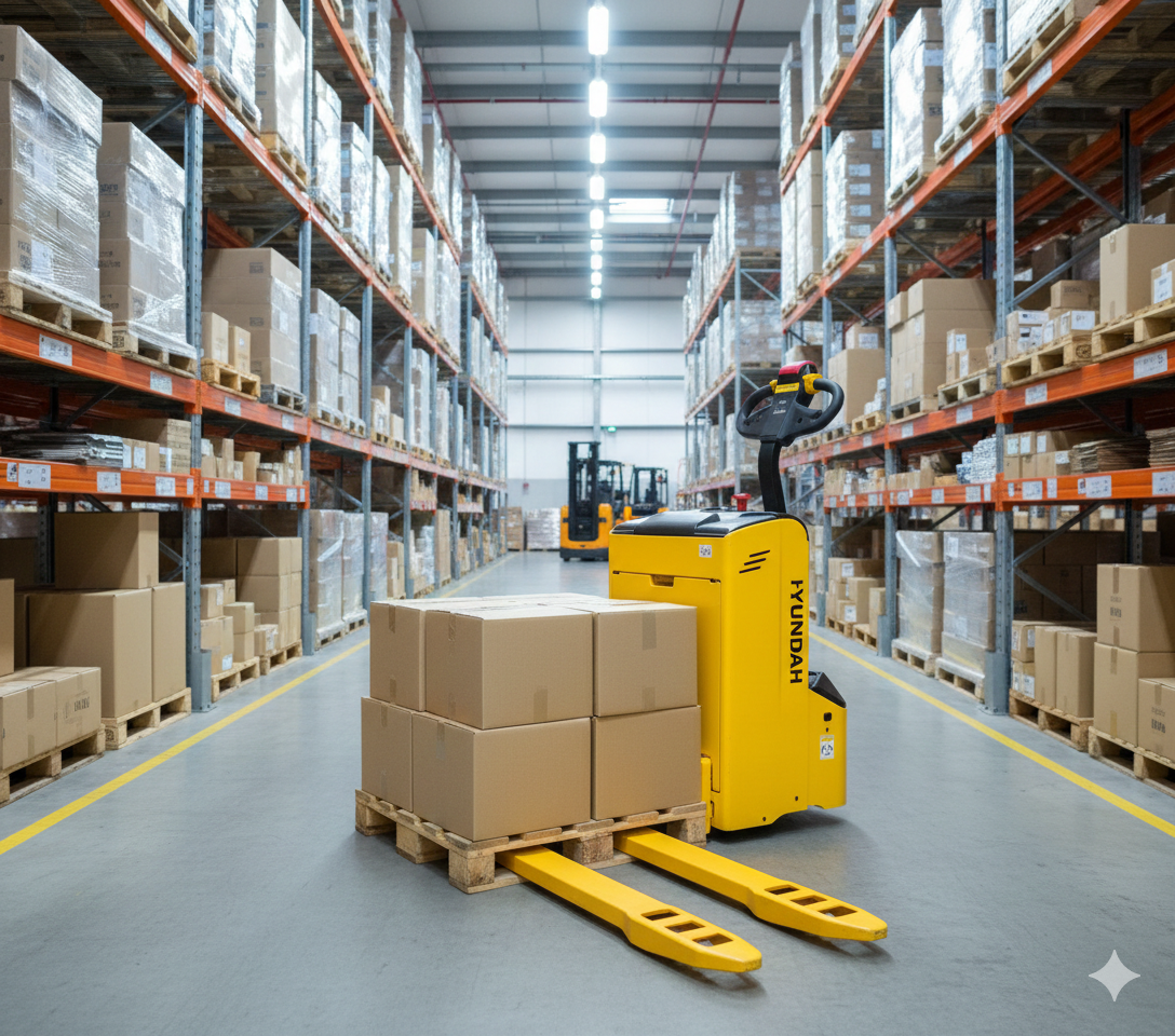 Carrello elevatore giallo in una corsia di magazzino che solleva un pallet di scatole; scaffali pieni di pacchi.