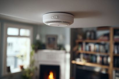 Ceiling smoke detector in a blurred living room with a fireplace and bookshelf