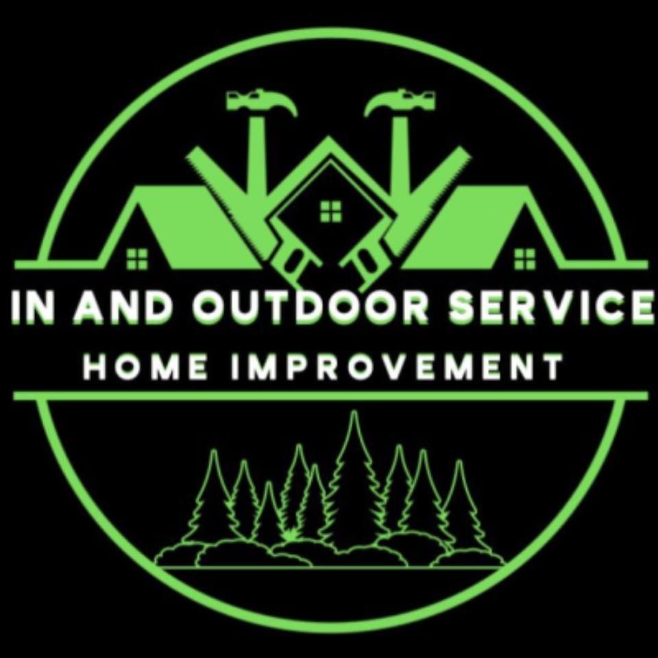 Neon green logo for “In and Outdoor Service Home Improvement” with houses, tools, and pine trees on black background