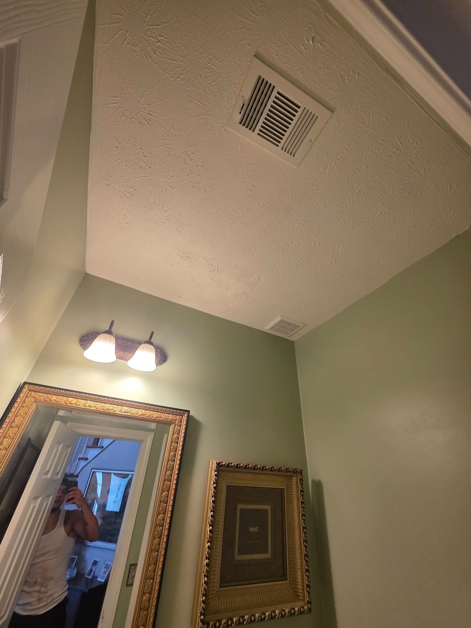 Bathroom ceiling with vent and light above a green-walled mirror and framed art.
