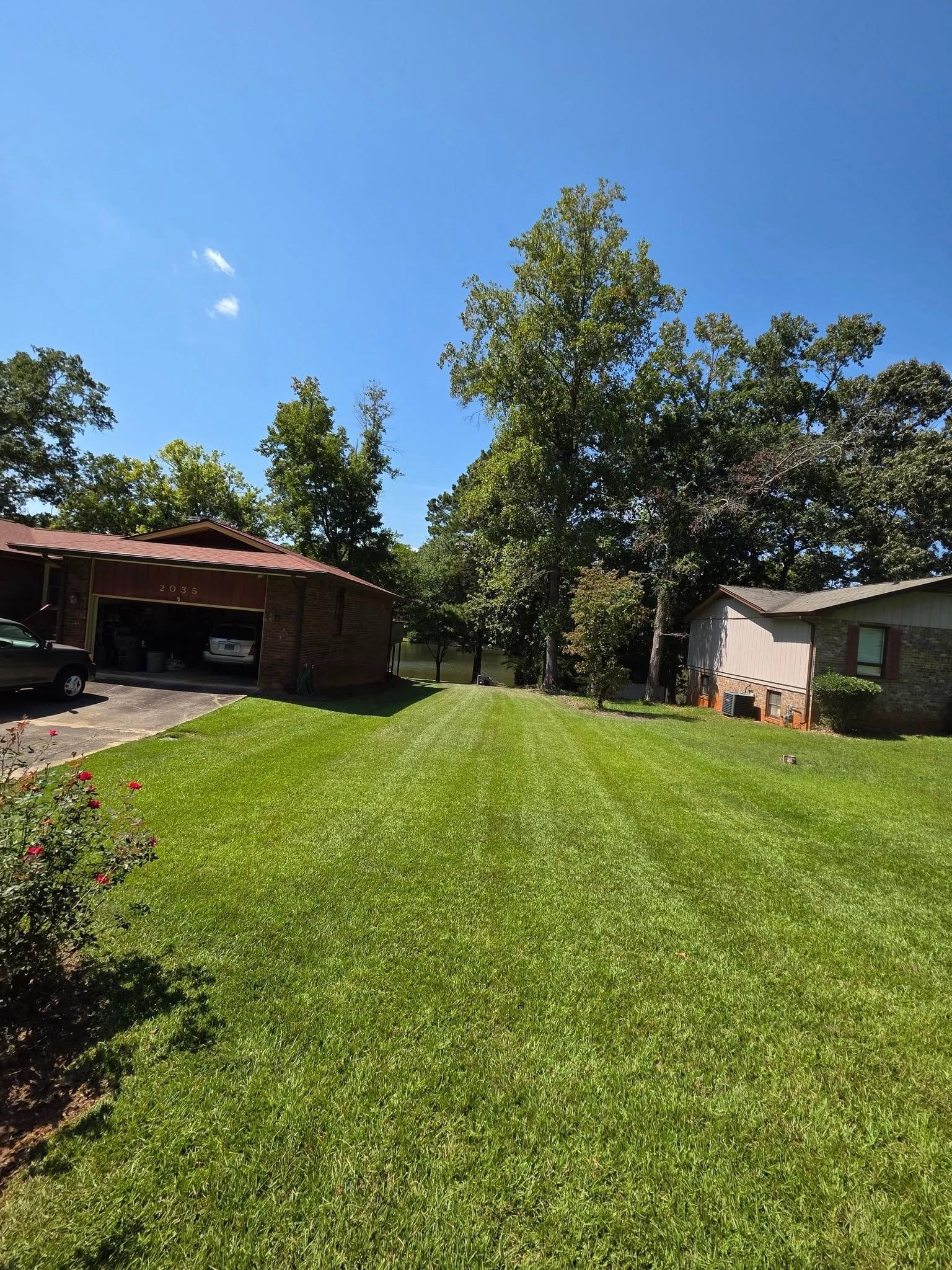 Sunlit grassy yard with a red-roofed carport, trees, and a small shed under a clear blue sky