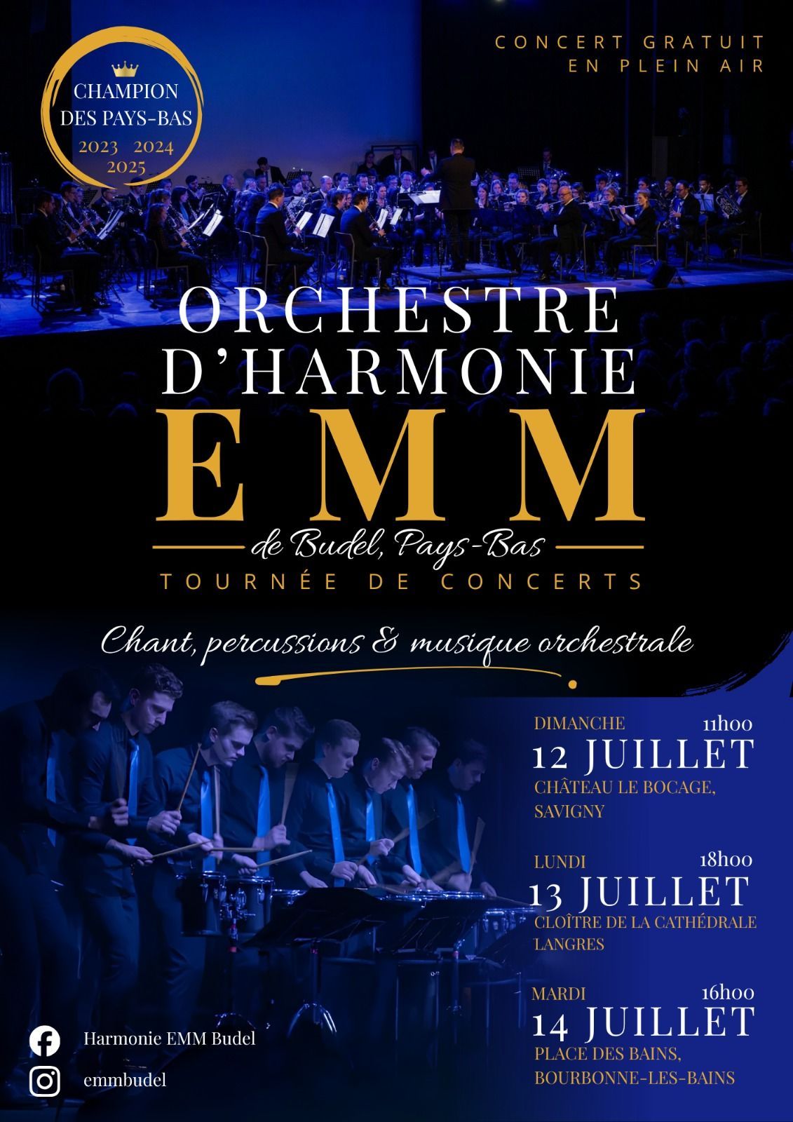 Concertposter voor “Harmonie EMM” met blauw-gouden podiumfoto's en de onderstaande concertdata.