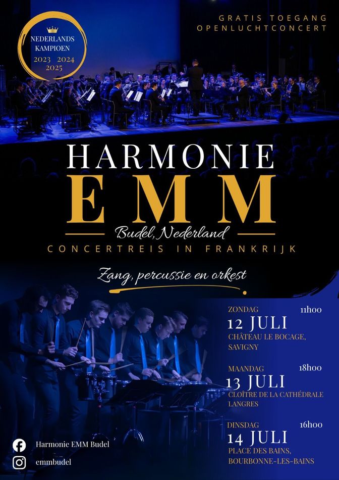 Concertposter voor “Harmonie EMM” met blauw-gouden podiumfoto's en de onderstaande concertdata.