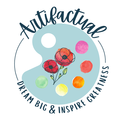 A collection of logos including: Artifactual (Artist and art teacher), Rockin' Ropers (jump rope club), Just One More Stitch (quilting and embroidery store)