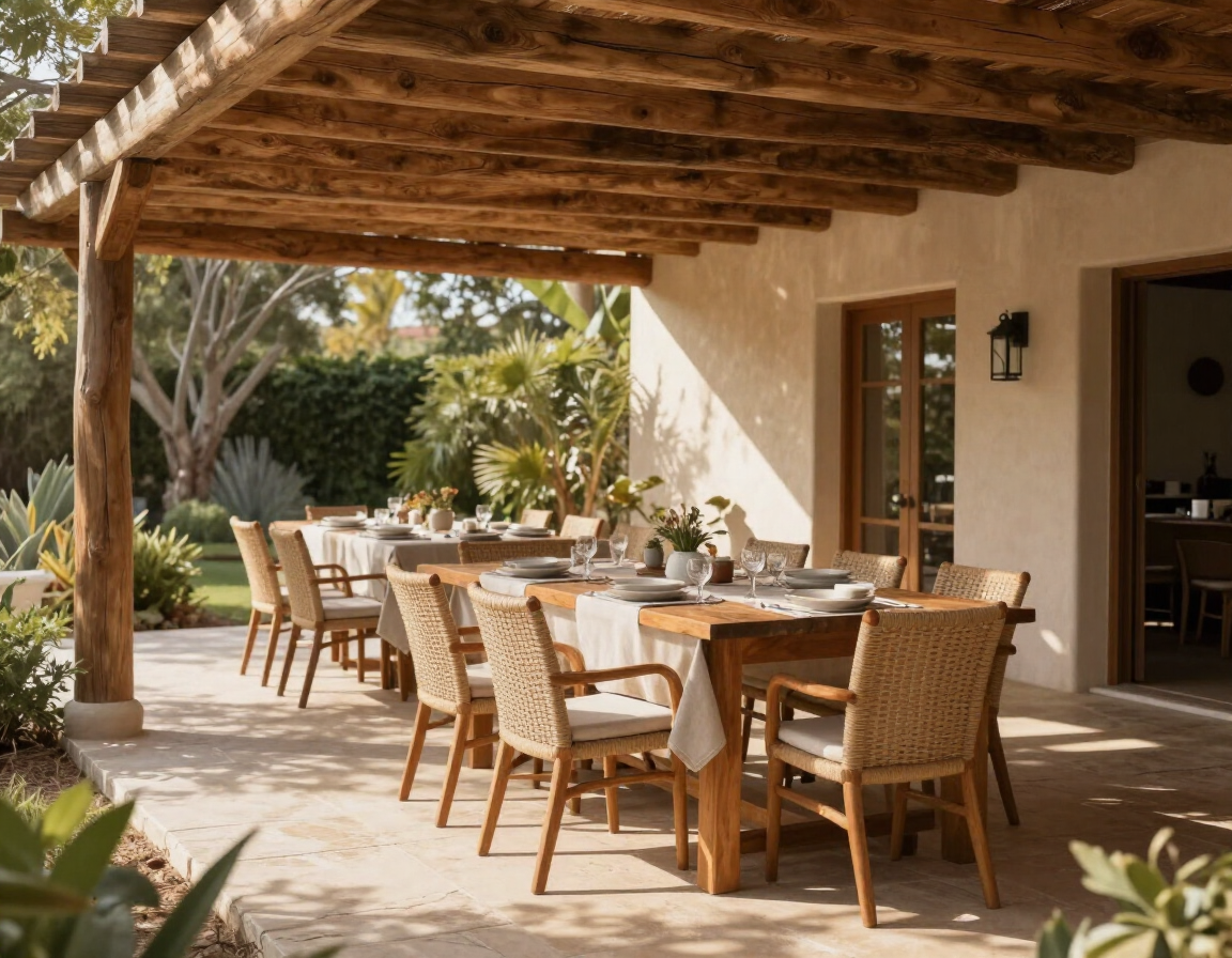 Covered patio dining area with wooden table and chairs beside a stucco house, lit by warm daylight