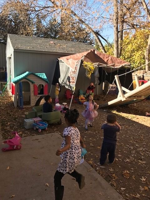 A group of children are playing in a backyard.