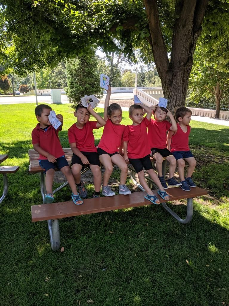 A group of children are sitting on a picnic table under a tree.