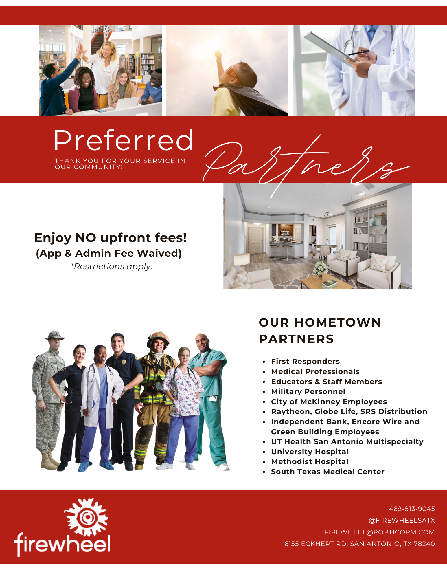 Fireneel “Preferred Partners” flyer with photos of people, kitchen appliances, and apartment interiors on a red background