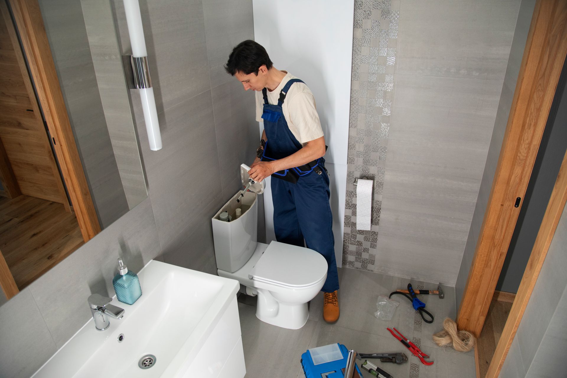 Person repairing a toilet in a small bathroom, with tools scattered on the floor.
