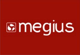 Megius logo on a red background: white text and emblem of a three-leaf design.