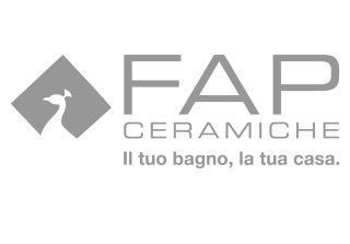 FAP Ceramiche logo with a peacock, text, and Italian slogan, 