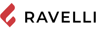 Ravelli logo with a red abstract shape and black text.