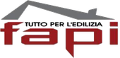 Logo for FAPI, a construction supply company. Red "FAPI" letters under a gray roof and text "Tutto per l'edilizia."