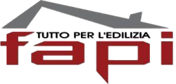 Logo for FAPI, a construction supply company. Red "FAPI" letters under a gray roof and text "Tutto per l'edilizia."