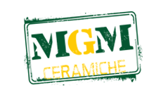 MGM Ceramiche logo, white rectangle with green border, green and yellow text.