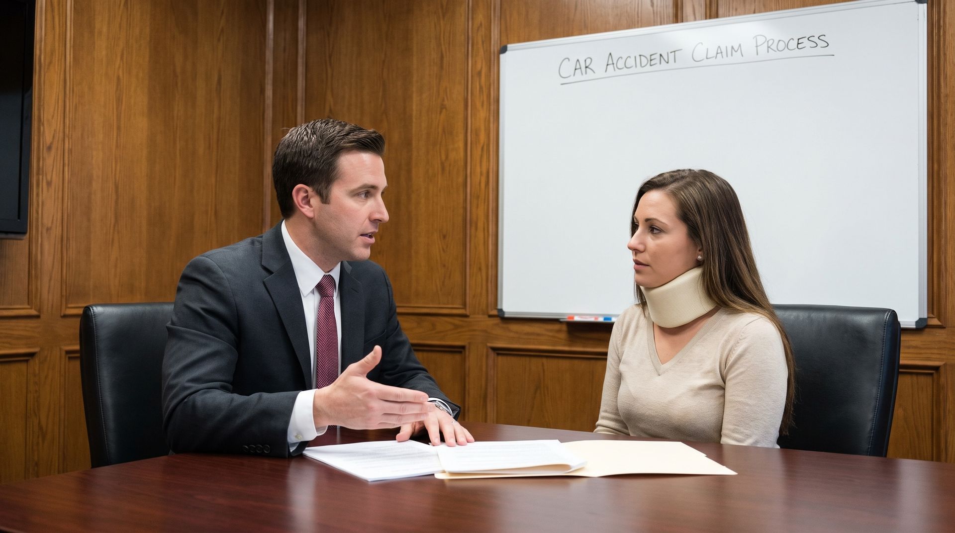 A suited attorney gestures while a client in a neck brace listens, papers spread across the table. A suited attorney gestures while a client in a neck brace listens, papers spread across the table.