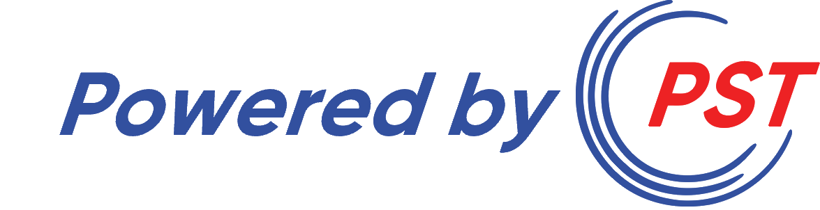 Powered by PST logo with blue text and a red PST inside a blue circular design.