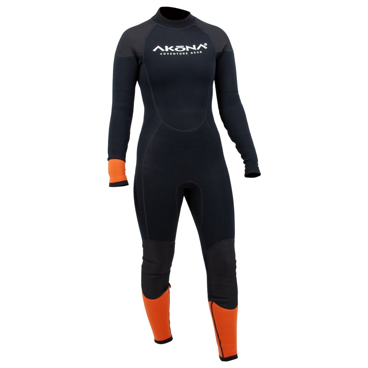 A black and orange wetsuit with the word akoha on the front