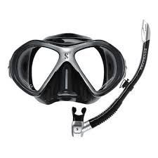 A scubapro mask and snorkel set on a white background.