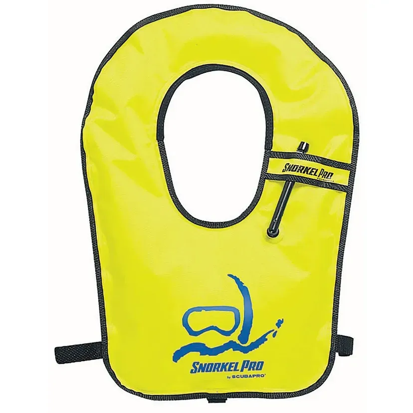 A yellow life vest that says snorkel pro on it