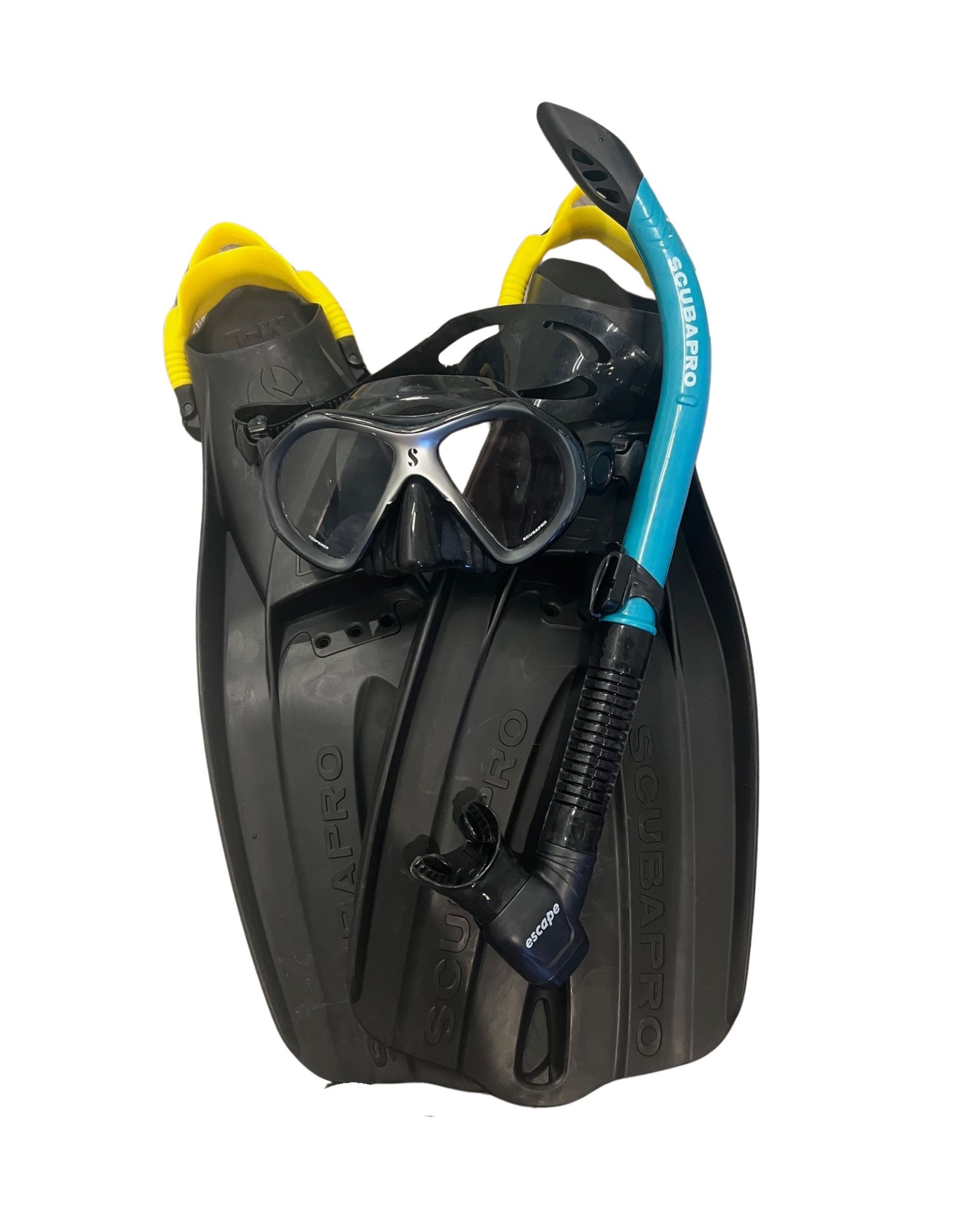 A pair of flippers , a mask , goggles and a snorkel.