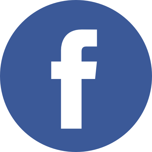 A facebook logo in a blue circle on a white background.