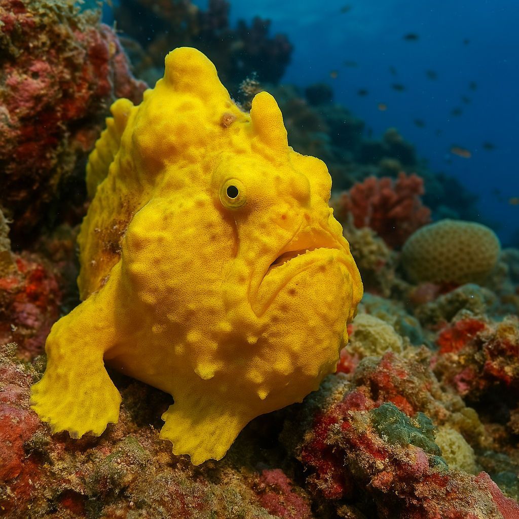 A yellow fish is sitting on a coral reef